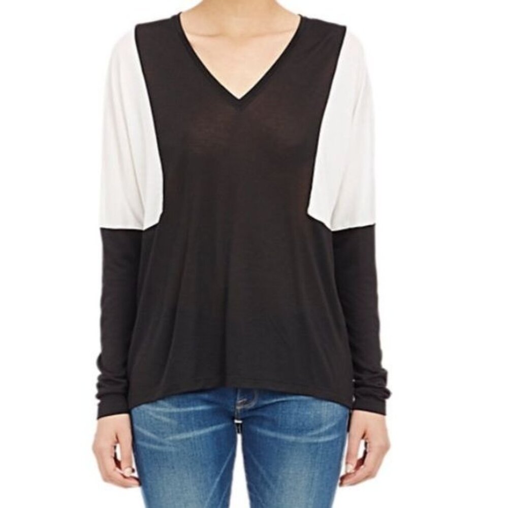 Vince Women's Jersey Knit V-Neck Color Block Top in Blue/White - Sz S